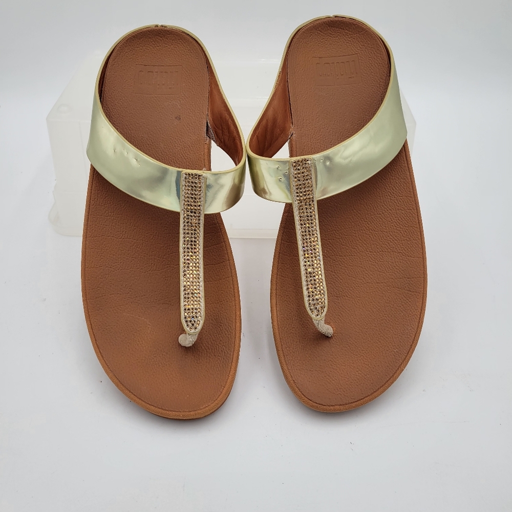 FitFlop Gold Fino Crystals Metallic Sandal Rubber Soles Micro Wobbleboard Size 9